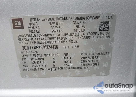 2018 Chevrolet Equinox Lt из США, поврежденный, VIN 2GNAXKEX8J6234436